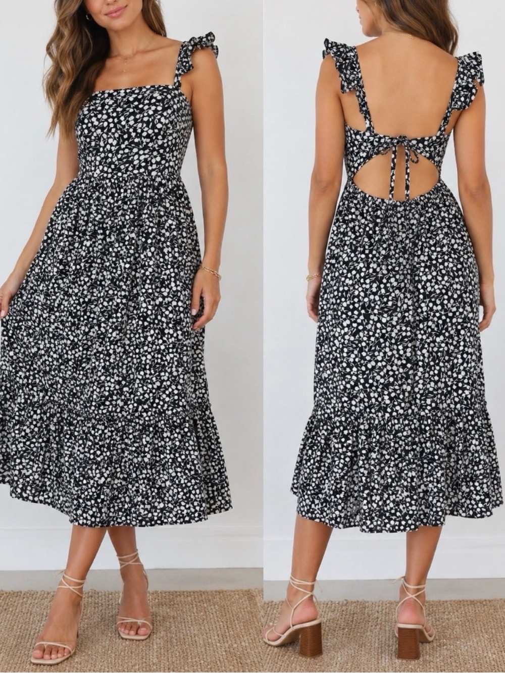 🦋 RIXO| EUC Black Floral Ruffle Strap Open back cottage core midi dress size 2